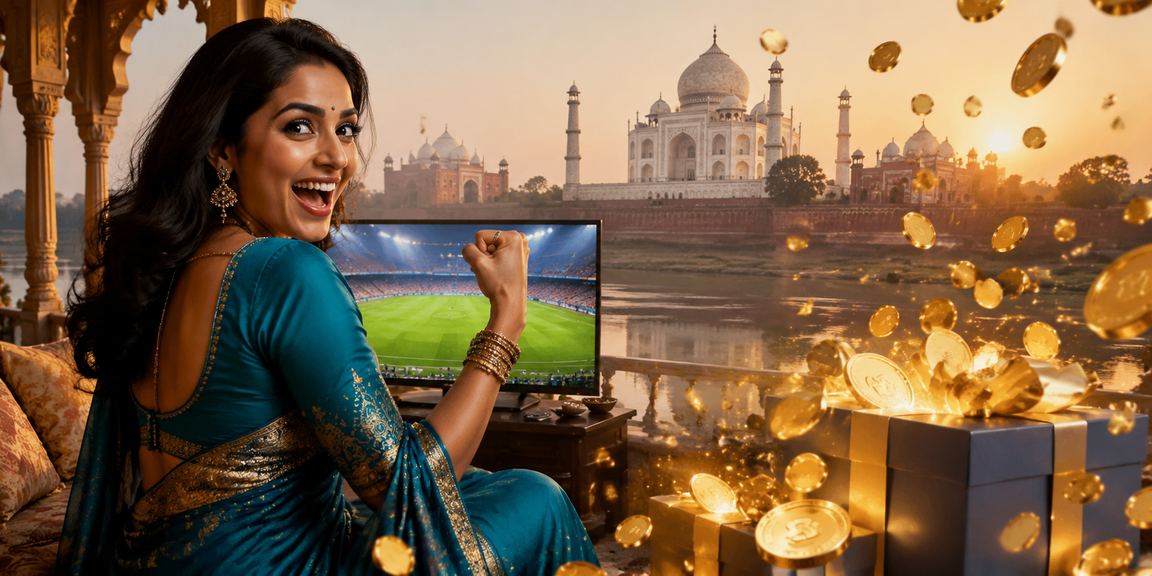 Young woman playing sports betting on smartphone near Taj Mahal